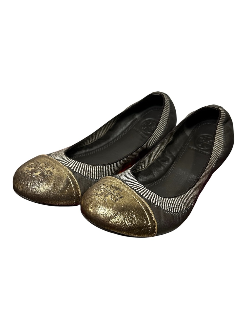Tory Burch Metallic Gold/Gray Leather GABBY BALLET Scrunch Flats Size 8